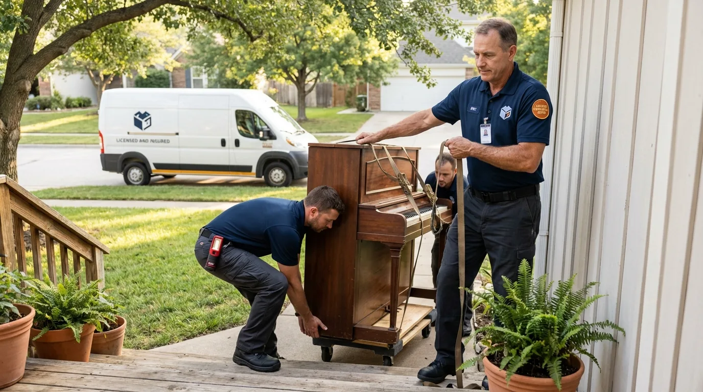 Licensed piano movers securing grand piano in Valatie, NY